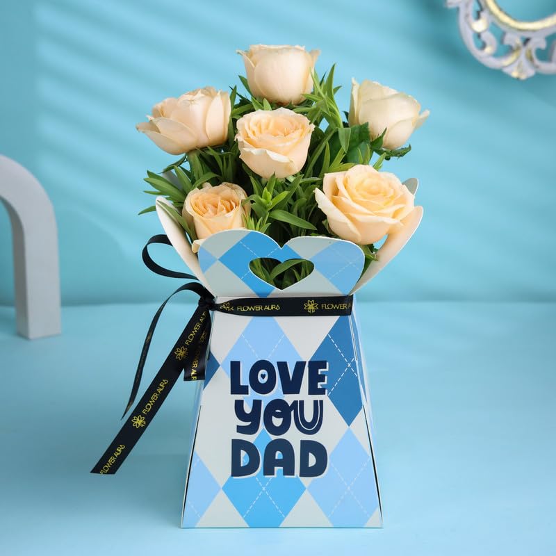 FlowerAura Premium Fresh Live Flower Bouquet of 6 Peach Roses In Box For Birthday Gift & Father's Day Gift For Dad | Papa | Father-In-Law | Grandfather | Daddy | Appa | Baba (Same Day Delivery)-image-11