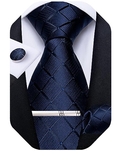 Image of DiBanGu Plaid Ties for Men Silk Checkered Necktie and Pocket Square Cufflinks Tie Clip Set with Gift Box for Wedding Business