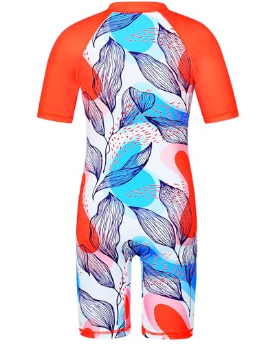 Image of TFJH E Short Sleeve Girls Swimsuits UV 50+ One Pieces Zipper 2-14Y | From beach vacations and pool parties to cruises and water parks, this colorful floral swimsuit is her summer favorite