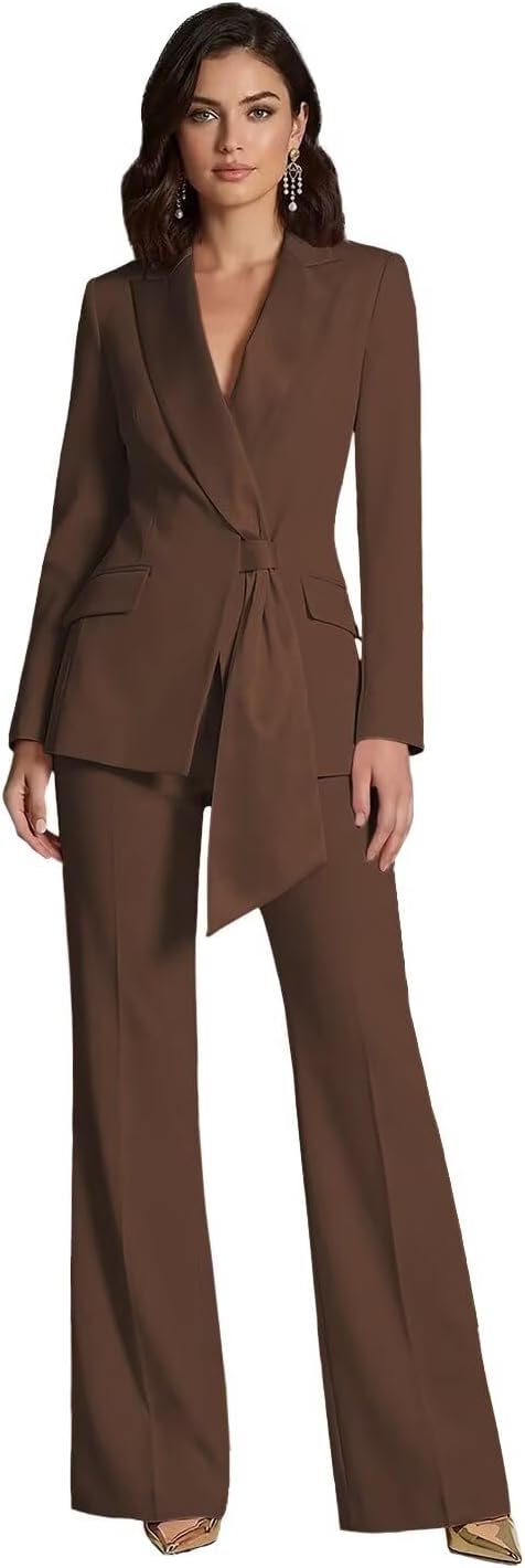 Women's Elegant Lapel Tie Waist Blazer&Pants for Wedding Guest 2 Pieces Suit Set Formal Business Outfit