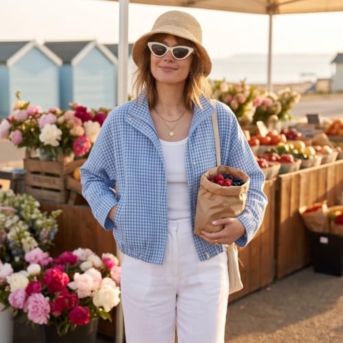 Plaid Bomber Jacket Women Oversized Cropped Funnel Neck Gingham Jacket - image 5