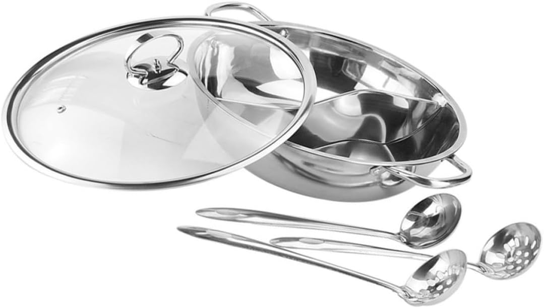 Two Flavor Hot Pot Stainless Steel Set with Spoon Colander Xmas