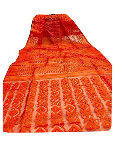 Sari Jamdani de algodón para eventos formales de verano vestido tradicional indio naranja