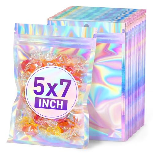ANZNKU Holographic Bags 5x7 Mylar Bags Resealable 50PCS Smell Proof Packaging Bag Pouches Clear Window Goodie Baggies for Snack Candy Jewelry Party Favor Small Plastic Gift Bag for Small Business
