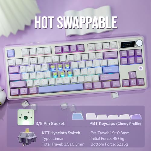 Image of MechLands Ajazz AK870 87 Keys Gasket Wireless Gaming Keyboard with Screen & Button, BT5.0 /2.4GHz /USB-C Mechanical Keyboard, with 5-Layer Padding, Flex-Cut PCB, NKRO (Purple, Hyacinth Switch)