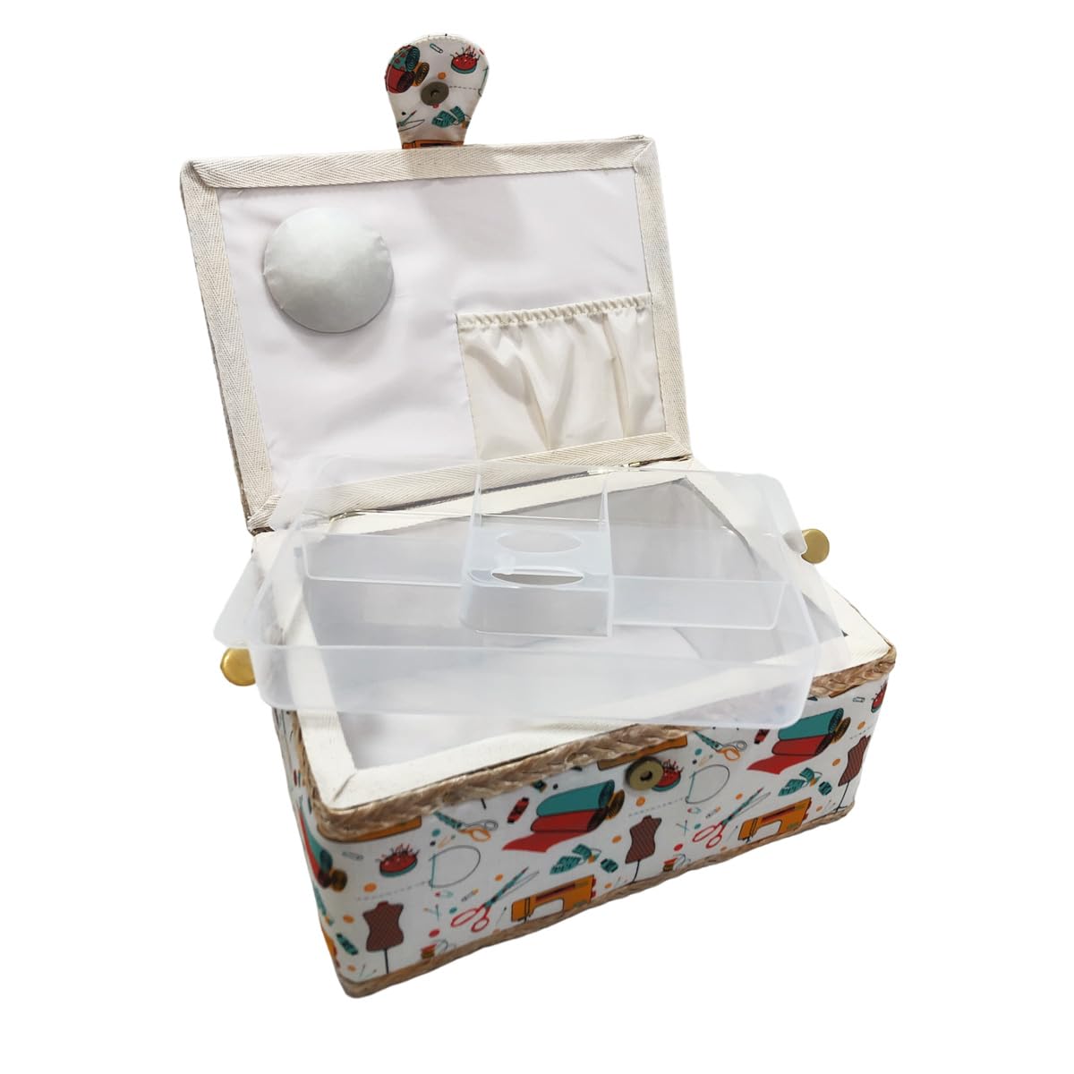 Medium Empty Wooden Sewing Box, Fabric Lined Sewing Box with 8 Compartments, Organizer with Pin, Storage Box with Handle, Tray for Accessories, (Medium, Sewing Machine)