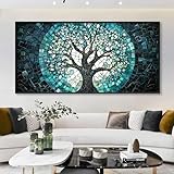 Tree of Life Mosaic Canvas Wall Art, Tree Canvas Wall Art, Stained Glass Canvas Print, Tree of Life Wall Decor, Blue Teal Wall Art, Mosaic Wall Art, Living Room Bedroom Wall Decor (Black Framed, 55'x27' | 140x70cm)