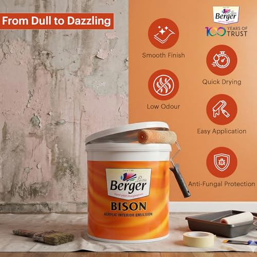 Image of BERGER Bison Interior Emulsion Paint for Walls and Ceilings with Anti-Fading Properties Acrylic Based Washable & Durable Rich Smooth Matt Finish (1Ltr, White)