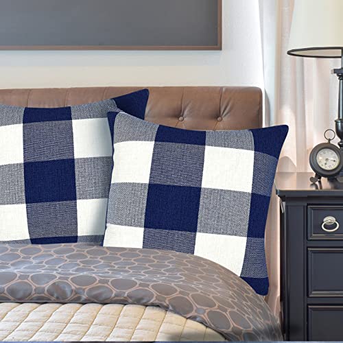 Seeksee Set Of 4 Fall Pack Farmhouse Buffalo Check Plaid Throw Pillow Covers Cotton Linen Blue & White Plaid Cushion Case For Fall Home Decor And Halloween Sofa Bedroom Outdoor 20" X 20" #TOP6