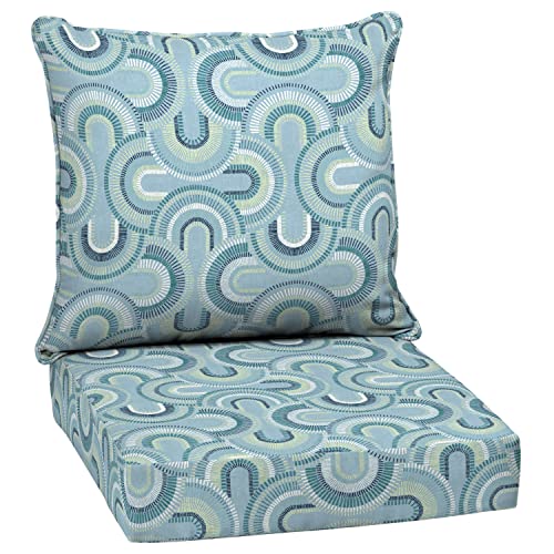 Image of Arden Deep Seat Outdoor Chair Cushion Set, 24 in x 24 in, Weather-Proof, Rain-Proof, Fade Resistant Patio Cushion Set for Chair, Sofa, and Couch Coastal Blue Geometric