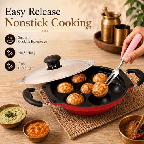 Image of Nonstick Paniyaram Pan 7 Pit with Lid | Appam Maker /Appe Pan for Gas Stove & Induction | Kuzhi Paniyaram, Paddu, Gunta Ponganalu Pan.