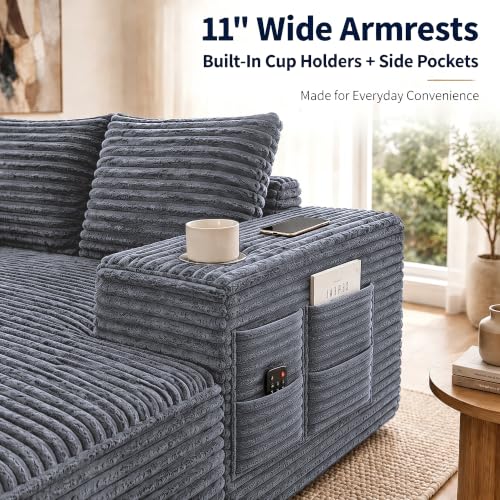 Image of 122 inch Oversized Cloud Sectional Couch for Living Room, 7 Seater U Shaped Sofa Modular Boneless Couch with Chaise | Deep Seater | Cup Holder | Side Pocket | No Assembly | Plus Corduroy, Light Gray