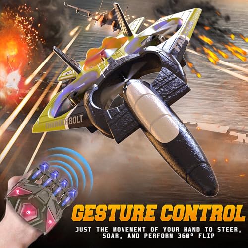 BEZGAR RC Airplane, 2.4GHZ 6-axis Gyro Remote Control Airplane, Gesture Remote Control Plane, 360° Flip Fighter Jet Toy, Toys for Ages 8-13 with Colorful LED Navigation Lights Green - Thumbnail 7