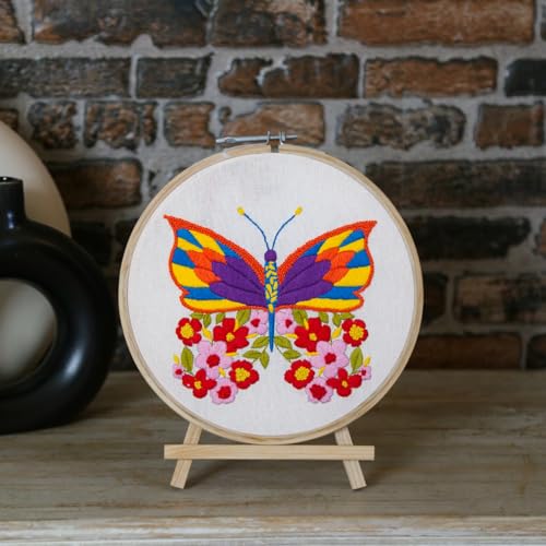 Image of picknMAKE Cross Stitch Embroidery Kit For Beginners & Adult, Featuring A Butterfly With Colourful Floral Wings, Printed Fabric, Instructions Papers, Threads & Needles All Materials Included,Multicolor