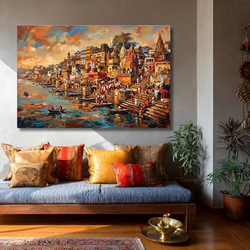 Image of Kunj Cart Premium Abstract Varanasi Ghat Painting Canvas Wall Art, Spritual Hindu God Banaras Ghat Painting Big Size Decor | Large Ganga Arti Kashi Vishwanath Artwork for Living Room, Office, Home Decoration and Wall decor (36 X 24 Inch, Unframed - LARGE)