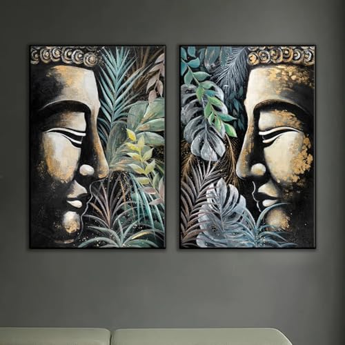 Bouddha toile feuilles vertes décoration murale salon sans cadre 60x90