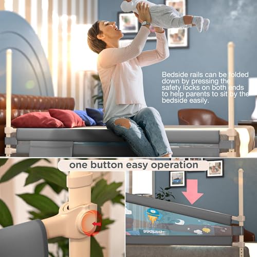 Image of BAYBEE Bed Rail Safety Guard for Kids | Bed Railing for Baby Safety Fence with 7 Level Height Adjustable & Portable Bed Side Protector from Baby Falling Guard (6FtX5FtX6Ft, 3 Sides, Grey)