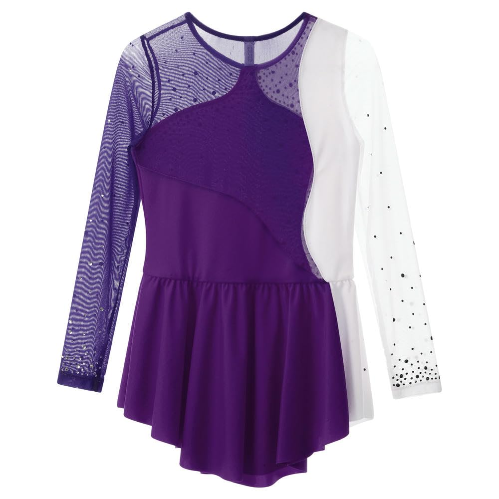 QXDZSW - Vestido de patinaje artístico para niñas, manga larga, con diamantes de imitación, vestido de gimnasia, leotardo, ballet, danza, actuación
