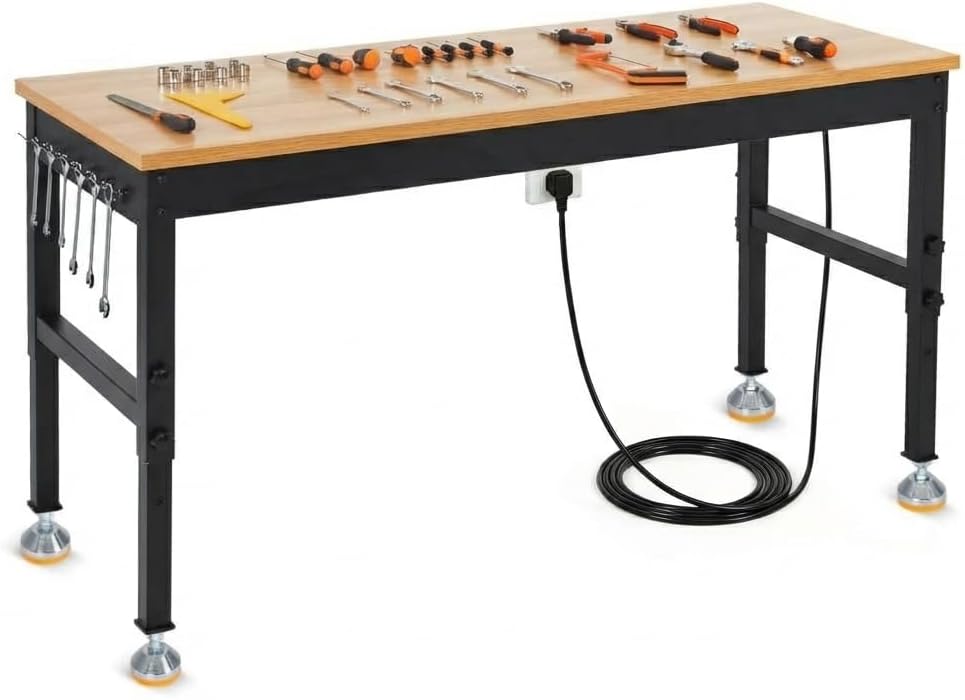 60" Work Bench, 60" x 24" Adjustable Height Workbench, Garage Workbench, Tool Bench with Power Outlet, 2500 LB Heavy-Duty for Workshop & Home