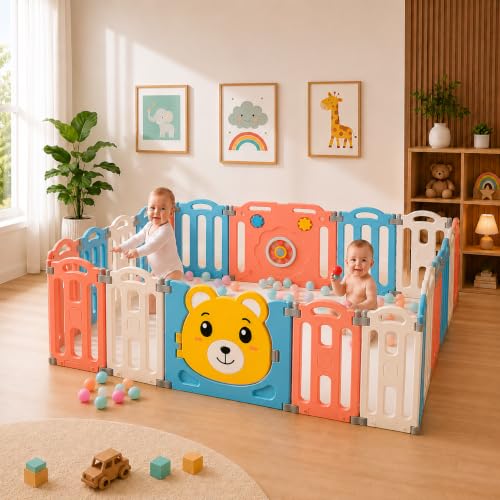 Image of Hukimoyo Large Baby Playpen 20 Panels /45 Sq Ft Play Area Indoor Setup with Mat ,balls | Play Yard for Babies 0-3 Years with Padded Boundary |Indoor Outdoor Toddler , infant fence Activity Center with Safety Door Lock & Suction Cups (6 * 7.5 FT)