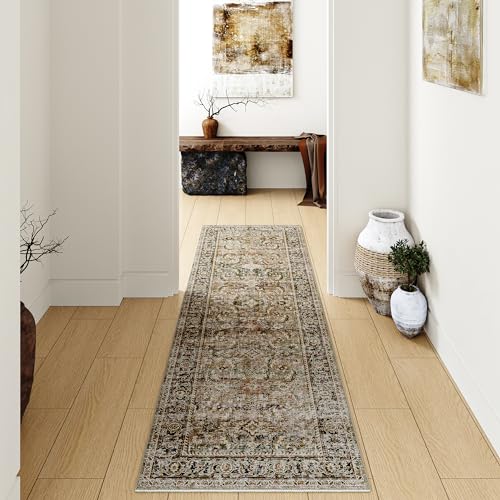2x10 Washable Runner Rug Brown Vintage Distressed Hallway Kitchen Non Slip Low Pile Area Rug Living Room Bedroom Throw Rug Soft Indoor Carpet for Entrance Laundry Dining Room Bathroom