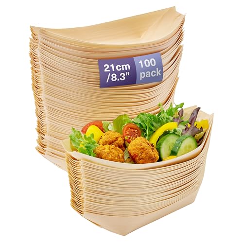 MATANA 8.3" Inch Large Bamboo Plates Disposable 100 Pack - Biodegradable Sushi Boat Serving Tray, Wood Paper Plates for Appetizer, Taco, Snacks, Disposable Bamboo Bowls for Parties