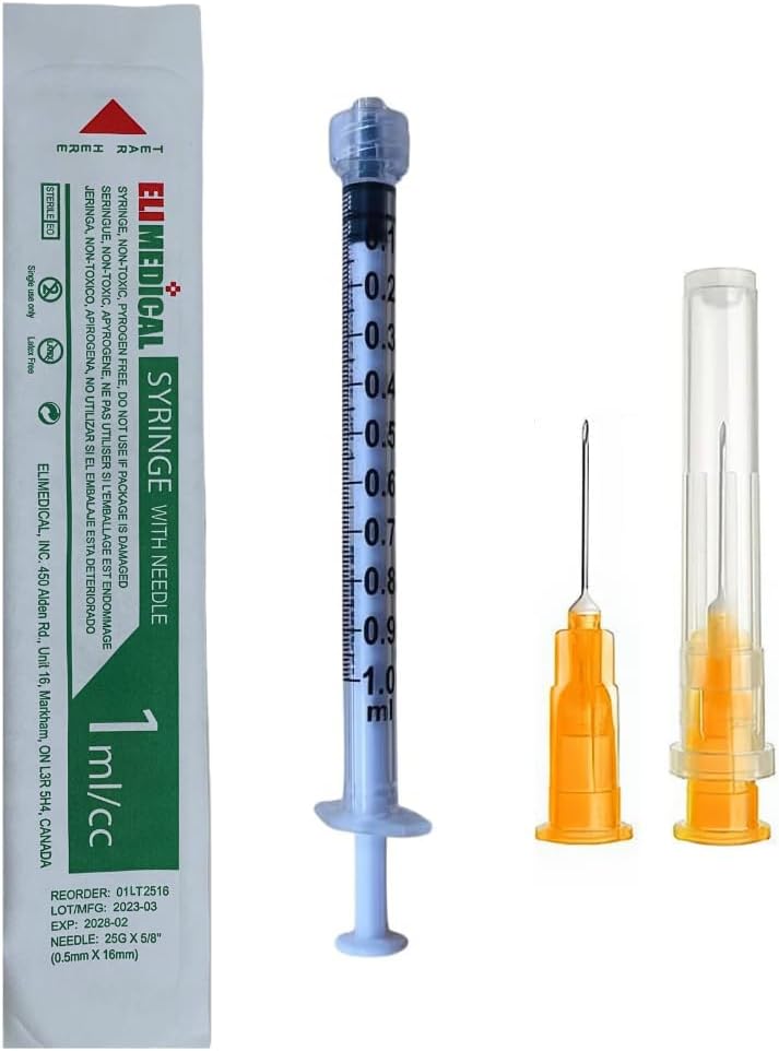 Veterinary Syringe Luer Lock 1cc (1ml), 25G x 5/8 inch (16mm), Individually Sealed, 100 per box, 01LT2516