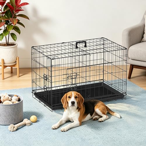 FDW 30 inch Dog Crate Dog Kennel Cage with Double Door Folding Metal Wire Dog Cage with Removable Tray&Divider Panel,Pet Crate for Medium Dogs,Black