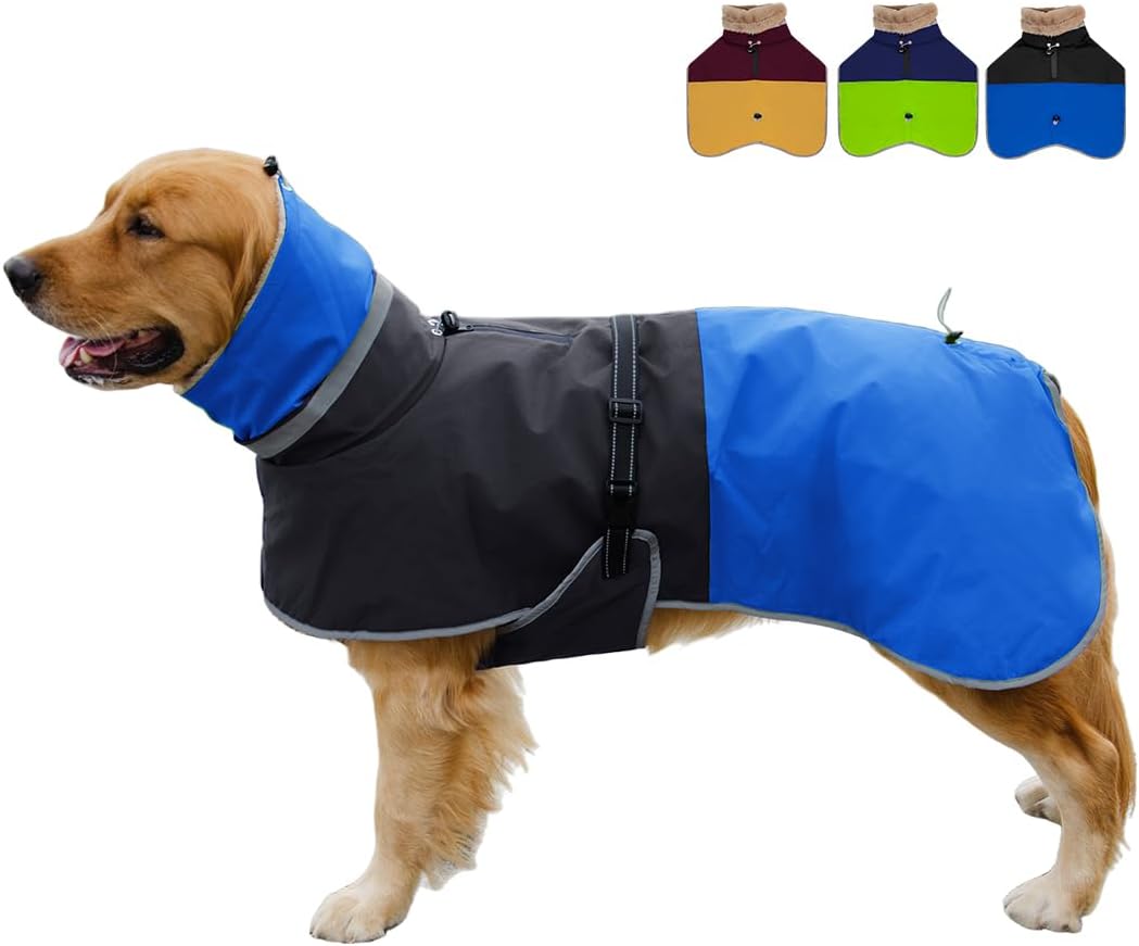 Waterproof Dog Winter Coat, Reflective Turtleneck Fleece Jacket with Snow Protection for Large Dogs, Cold Weather Pet Clothing (Blue, 4XL)
