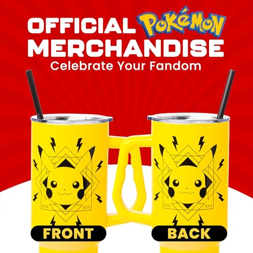 Image of Silver Buffalo Pokemon Lightning Double Walled Stainless Steel Tumbler with Handle Featuring Pikachu, Fits in Standard Cup Holder, 40 Ounces