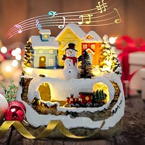 Christmas Decorations Snow Village Resin Building Figurines Revolving Train Musical Snow Globe Christmas Collectible…