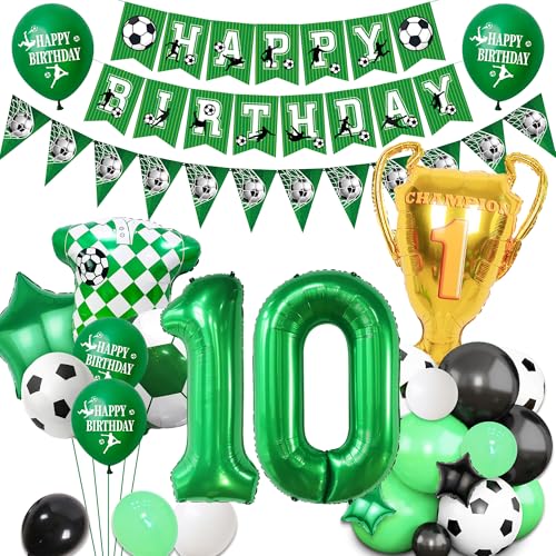 Football 10th Birthday Party Decorations - Green Soccer Theme for Boy Girl Happy Birthday Banner Bunting Decor, Double Digits 10th Number Trophy Football Shirt Foil Balloons Kids Sports Party Supplies