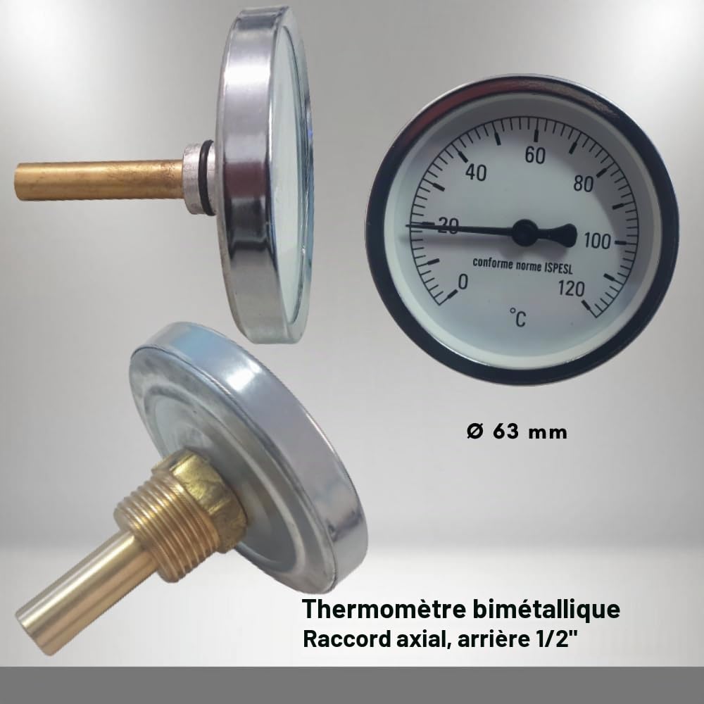 Schläfer 0930170 | Thermomètre bimétallique avec gaine, raccord fond du boîtier en acier inoxydable, immersion axiale 1/2 » échelle 0-120 °C » Boîtier multifonction 63 mm
