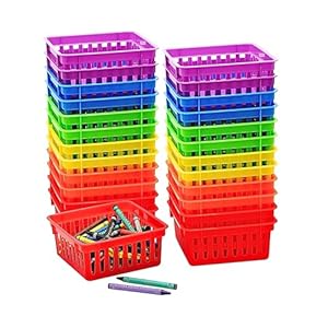 4E’s Novelty 24 Pack Small Classroom Storage Baskets, Pack Bulk, Square 4.5″ Sturdy Plastic Colorful Crayon & Pencil Container, Organizer Bins for Desk for Classrooms Supplies, Office, Toy Storage