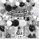 Jobkoo Black and Silver Birthday Decorations for Men Boys, Black White Silver Party Decorations Happy Bithday Banner Star Foil Balloon Fringe Curtain Pompom for Women Girls Party Supplies