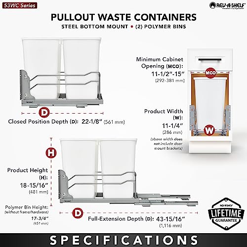 Rev-A-Shelf Double Pull-Out Trash Can for Under Kitchen Cabinets 27 Quart 12.5 Gallon with Soft-Close Slides, White, 53WC-1527SCDM-211