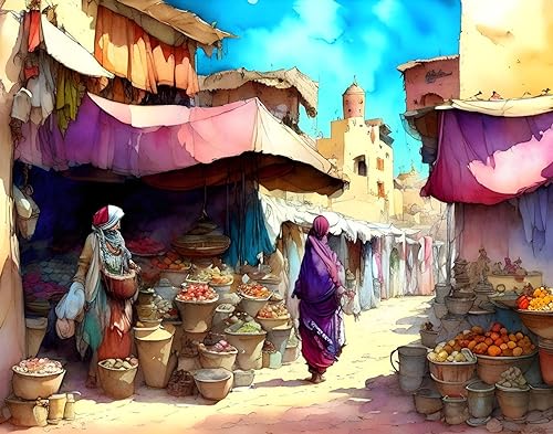 Toile marché marocain poster grand format encre aquarelle 58x90cm décoration murale