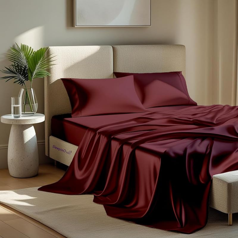 Image of Premium Satin Double Bed (90x100 Inchs) with 2 Pillow Cover Bedsheet Ultra Soft & Silky Smooth, Breathable Cooling Fabric, Luxury Glossy Finish|Royal Wine