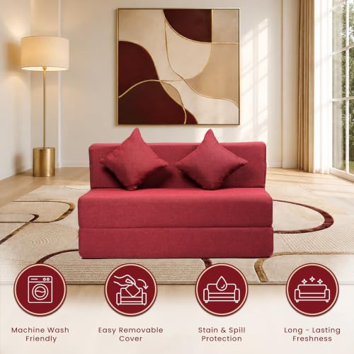 Image of Seventh Heaven 2 Seater 6 * 4 Jute Fabric Washable Cover Sofa Cum Bed with 2 Cushions 2 Seater Double Foam Fold Out Sofa Cum Bed (Finish Color - Maroon Delivery Condition - Pre-Assembled)