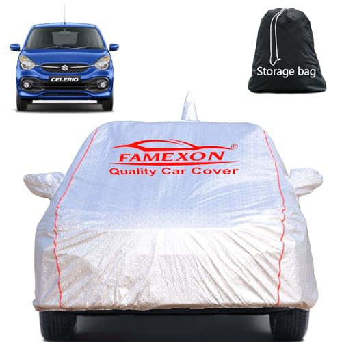 Image of Full Body Car Cover for Maruti Suzuki Celerio with Mirror and Antena Pocket Triple Stiched(Silver with Red Piping)