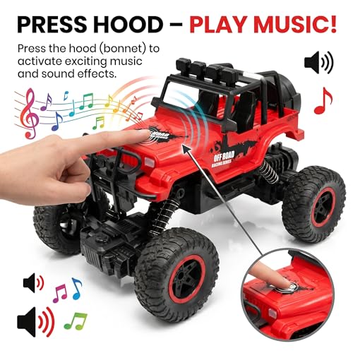 Image of Big Size Rock Crawler Rc 4x4 Car Monster Truck Toy for Boys Girls Kids, Off-Road Vehicle with LED Headlights & Music, Dual Mist Fog Spray Function, Anti-Skid Rubber Tires, Birthday Gift 6121 Red