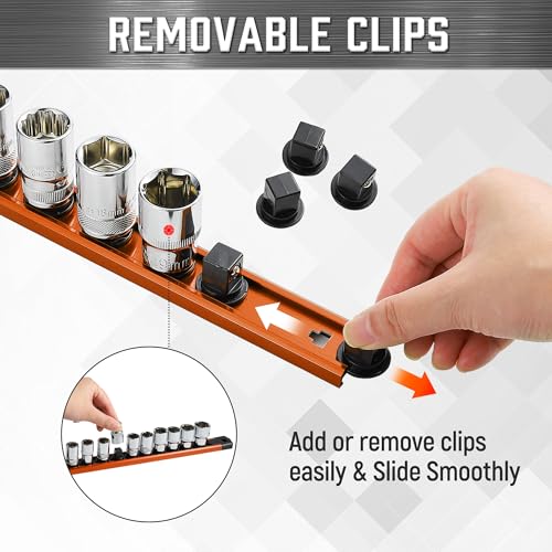 Image of ALOANES 1 /2-Inch Drive Magnetic Socket Organizer, Heavy Duty Aluminum Socket Rail Organizer, 360 Swivel Clips Socket Rail Set For Sockets Storage, 1 /2-Inch Socket Holder x 12 Clips (Orange)