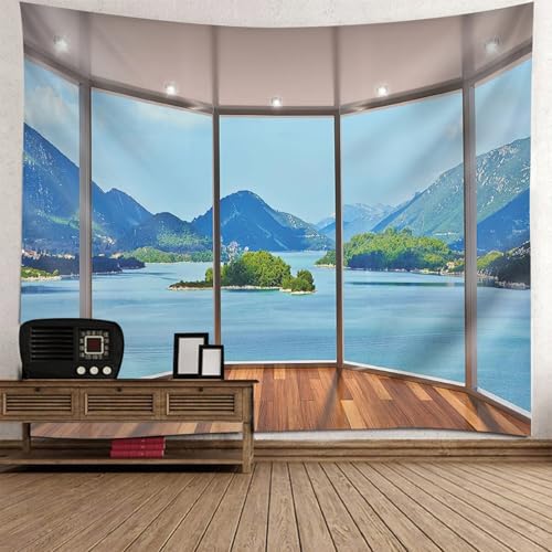 Tapisserie murale trompe l'oeil balcon paysage mer 200x200