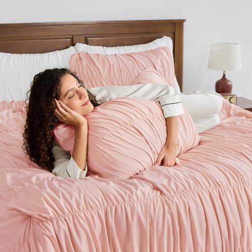 Image of Andency Ruched Blush Pink Full Size Comforter Sets, Shabby Chic Pleatd Bedding Sets 3 Pieces, Lightweight Soft Boho Ruffle Bed Set for Girls, Kids, Women, All Season