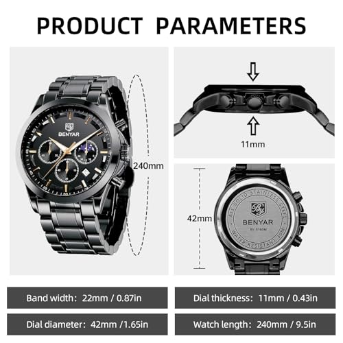Image of BENYAR Mens Watches Analog Quartz Chronograph Waterproof Wrist Watches for Men Fashion Business Work Casual Sport Designer Dress Watch with Calendar Elegant Gifts for Men