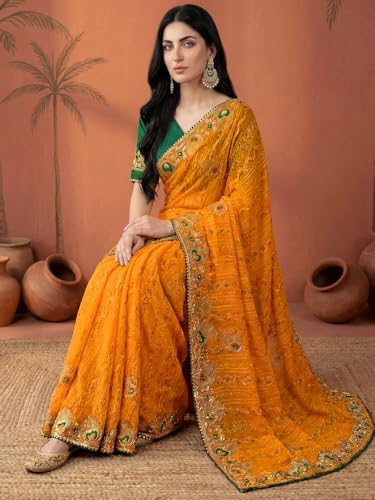 Image of SIRIL Women's Bandhani Printed Embroidery Georgette Saree with Unstitched Blouse Piece