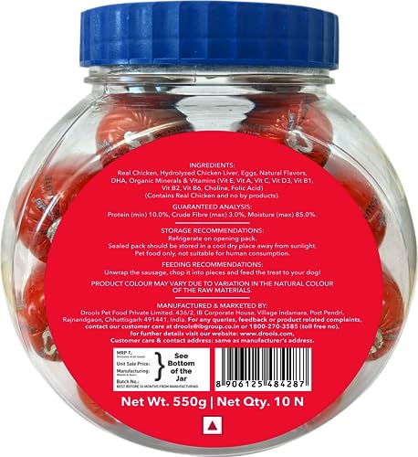 Image of Drools All Life Stages Dog Treats Sausage 10 Pieces Jar (550g) | Real Chicken Flavour | Supports Brain & Eye Development | Promotes Muscle Growth | Makes Tablet Administration Easier