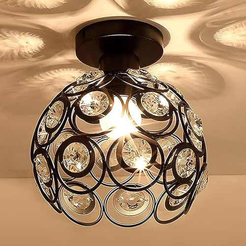 Image of Modern Crystal Flush Mount Ceiling Light | Gold Finish Decorative Ceiling Lamp for Hallway, Bedroom, Living Room, Balcony & Foyer | Warm Light Home Decor Fixture (Black Dual Ring)