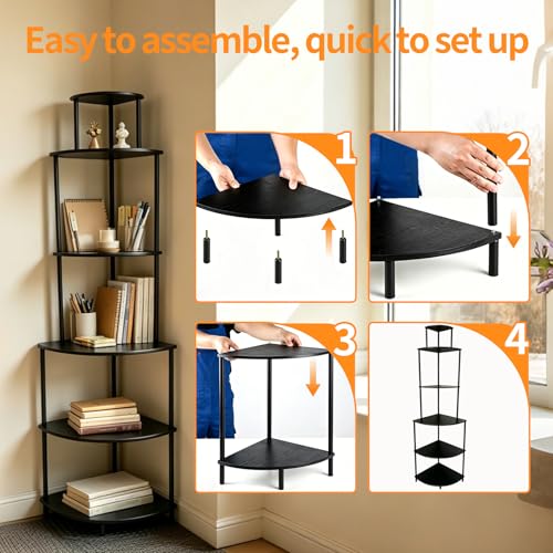 6 Tier Corner Shelf Stand, Corner Bookshelf, Wood Storage Shelving Unit for Small Space, Bathroom, Bedroom, Apartment, Easy to Assemble, Rustic Brown (Black)
