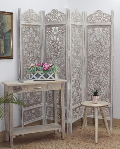 Image of Wooden Room Divider Decorative Foldable Privacy Screen Hand Carved Partition for Living Room Bedroom Office Decor (6 Feet 4 Panel White Wash Each Panel 72X20 Inch)